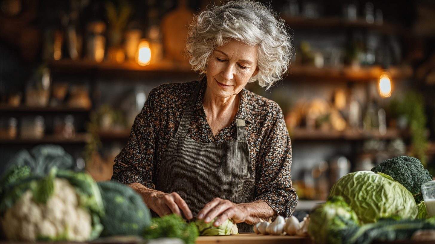 Активні люди старшого віку готують разом здорову їжу з природних продуктів